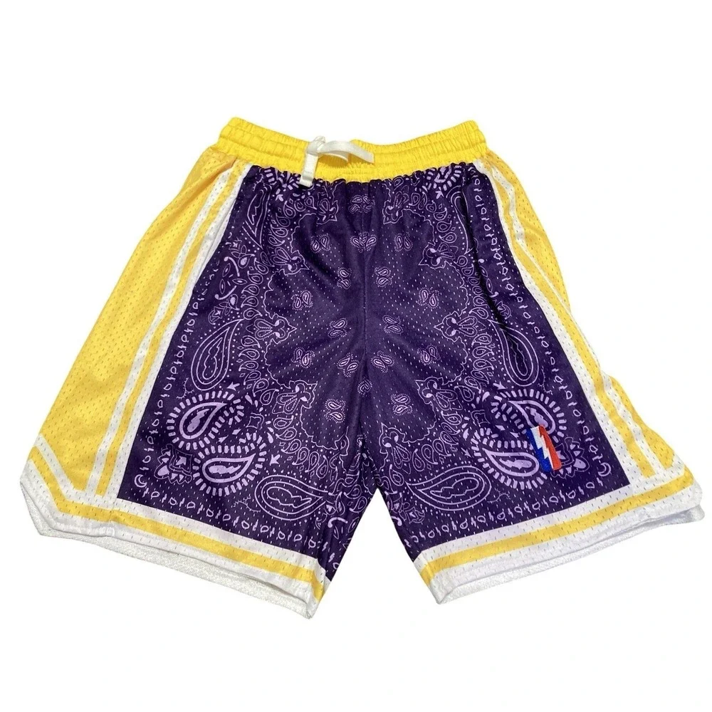 Youth XL Purple Yellow Paisley Basketball Shorts Size L Mesh Athletic Streetwear
